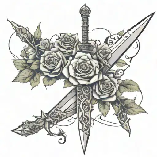 sword and roses intertwined tattoo design idea