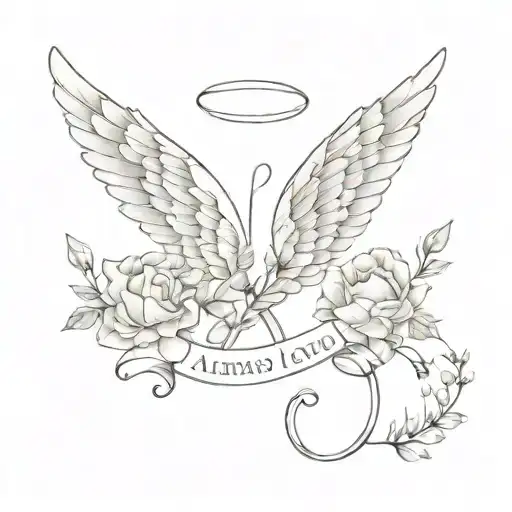 angels wings with one wing made of flowers; the phrase "always loved" underneath tattoo design idea