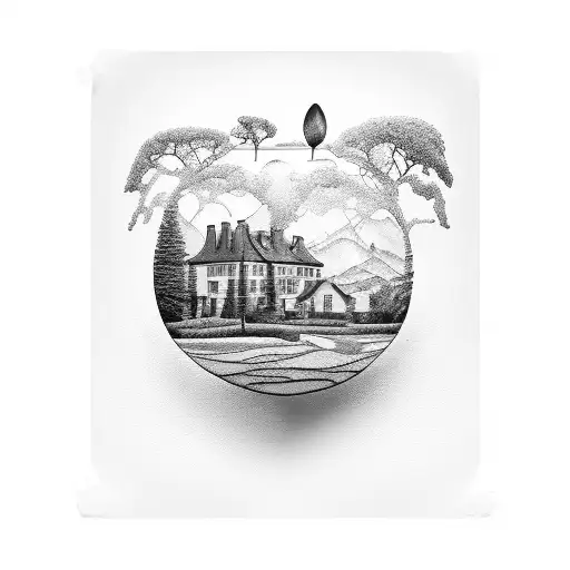 A black-grey tattoo of a serene homestead landscape with a law scale balancing radishes and tomatoes, representing the harmony between legal studies and gardening tattoo design idea