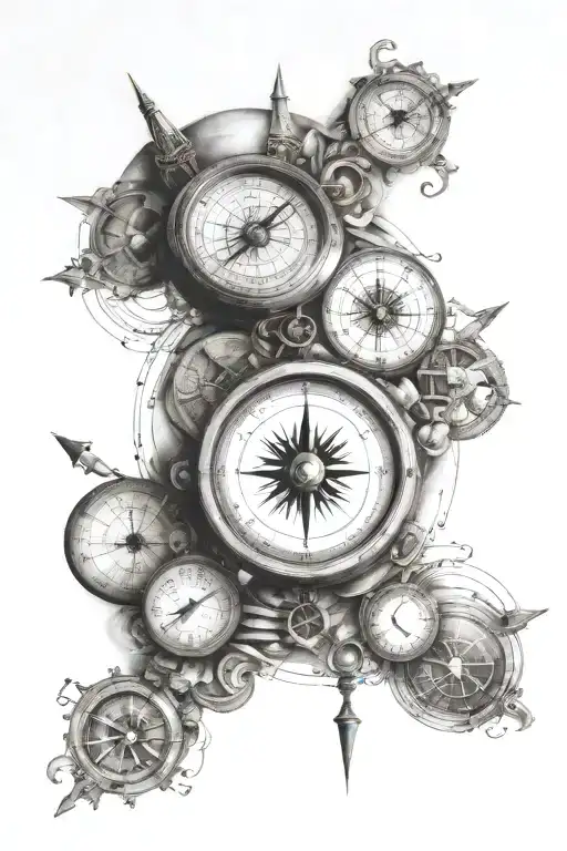 Compass with directions, clock with roman numbers, surrounded my music notes, planets orbiting tattoo design idea