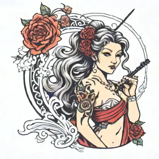 Aphrodite holding a samurai tattoo design idea