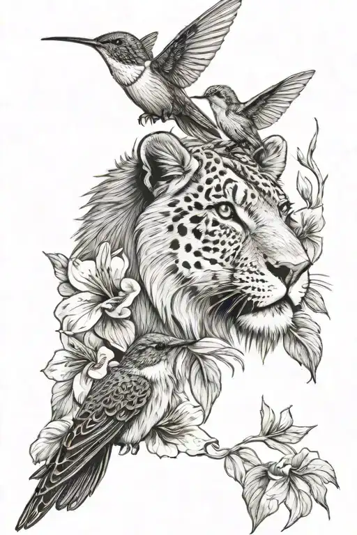 Hummingbird, hibiscus flower, fishhook and lion cub tattoo design idea