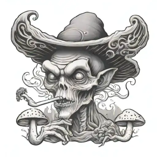A black and grey portrait of a wise alien smoking a joint surrounded by mystical mushrooms tattoo design idea