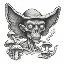 A black and grey portrait of a wise alien smoking a joint surrounded by mystical mushrooms tattoo design idea