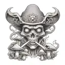 A black and grey portrait of a wise alien smoking a joint surrounded by mystical mushrooms tattoo design idea