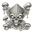 A black and grey portrait of a wise alien smoking a joint surrounded by mystical mushrooms tattoo design idea