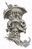 gladiator inspired tattoo featuring Greek mythology architecture in the background and a battle scene with skulls  tattoo design idea