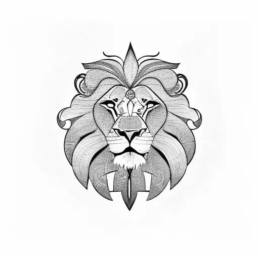 A lion in Polynesian tribal style surrounded by elements of Polynesian culture tattoo design idea