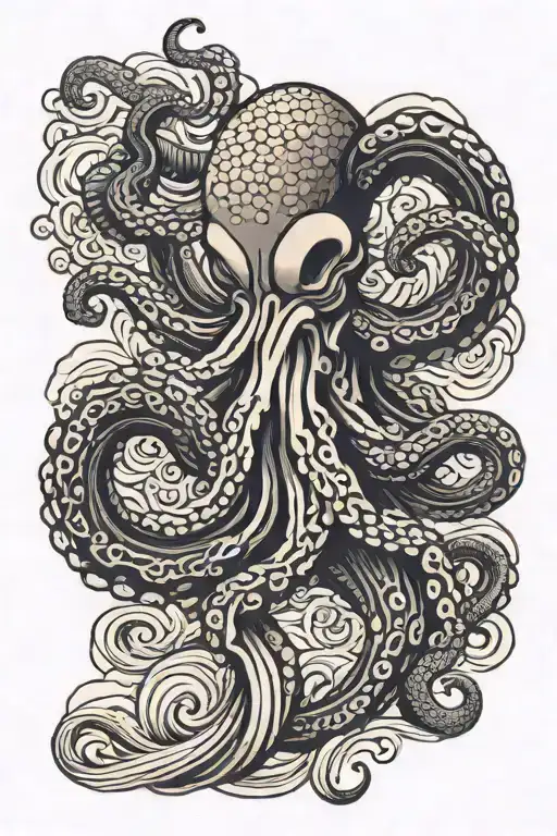 Japanese octopus with waves crashing in the background tattoo design idea