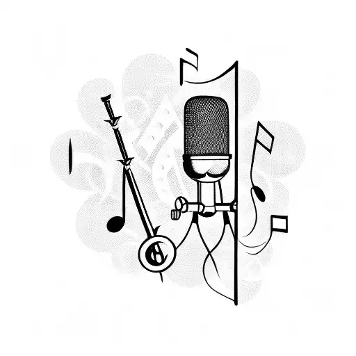 A blackwork tattoo of a microphone surrounded by musical notes tattoo design idea