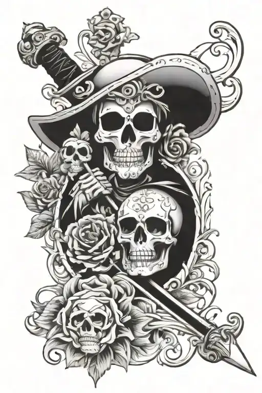 Libra tattoo with a sword and a Mexican skull tattoo design idea
