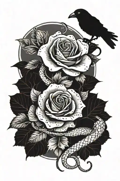 black and white snake wrapped around a red rose with a raven above it  tattoo design idea