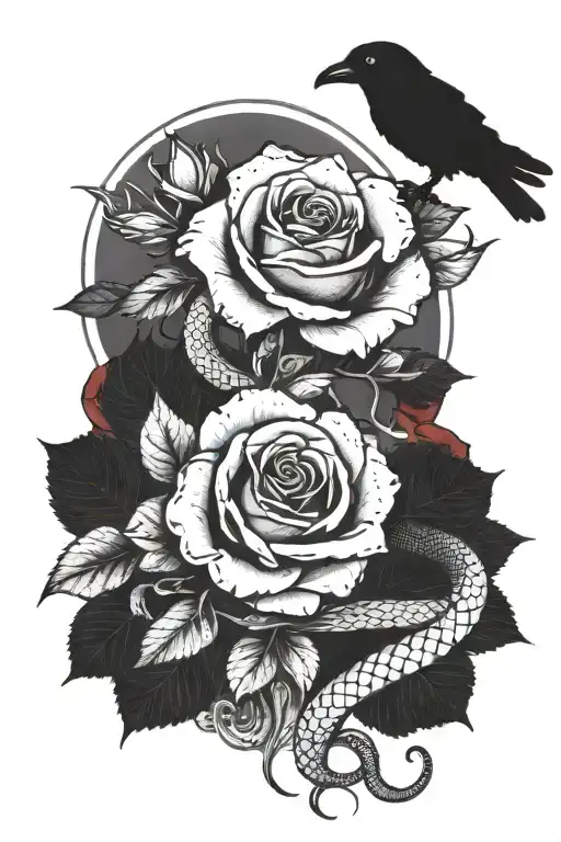 black and white snake wrapped around a red rose with fangs exposed with a realistic  raven head above it tattoo design idea