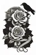 black and white snake wrapped around a red rose with a raven above it  tattoo design idea