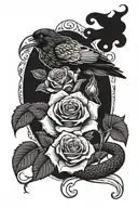 black and white snake wrapped around a red rose with a raven above it  tattoo design idea