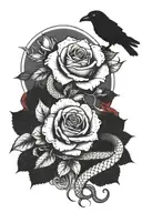 black and white snake wrapped around a red rose with fangs exposed with a realistic  raven head above it tattoo design idea