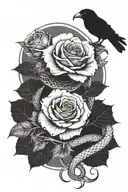 black and white snake wrapped around a red rose with fangs exposed with a realistic  raven head above it tattoo design idea