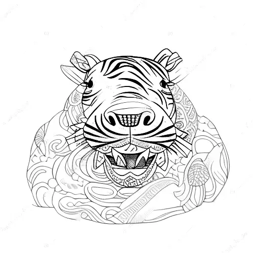 A sketch-style tattoo of a stuffed baby hippo surrounded by tiger lilies tattoo design idea
