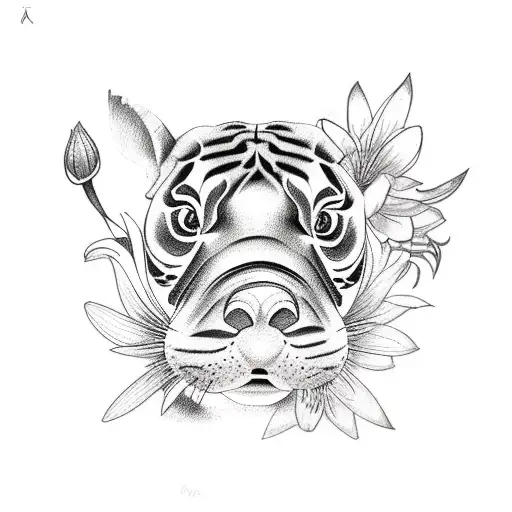 A sketch-style tattoo of a baby hippo surrounded by tiger lilies tattoo design idea