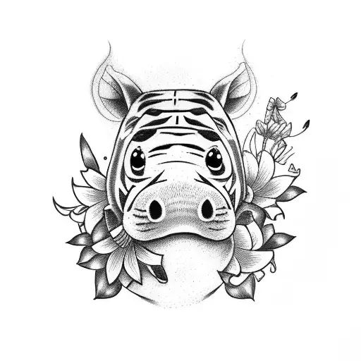 A sketch-style tattoo of a stuffed baby hippo surrounded by tiger lilies tattoo design idea