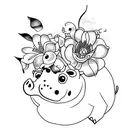 A sketch-style tattoo of a stuffed baby hippo surrounded by tiger lilies tattoo design idea