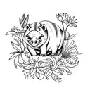 A sketch-style tattoo of a stuffed baby hippo surrounded by tiger lilies tattoo design idea