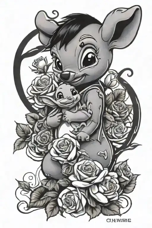 stitch, tinkerbell, dumbo, eeyore and roses blooming tattoo design idea