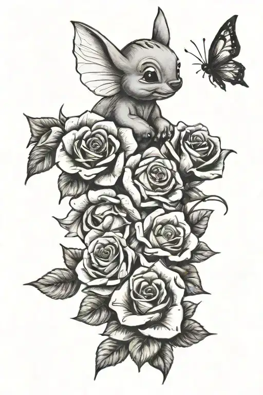 stitch, tinkerbell, dumbo, eeyore and roses blooming tattoo design idea