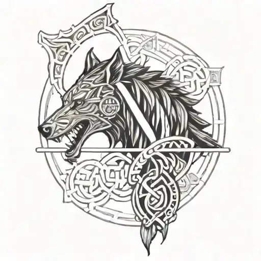 tyr and fenrir whit runes tattoo design idea