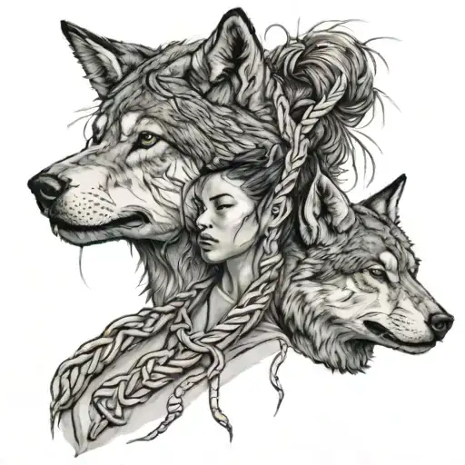 Shibari girl and Wolf head tattoo design idea