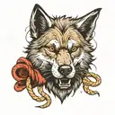 A wolfs head holding a bundle of rope in it's mouth tattoo design idea