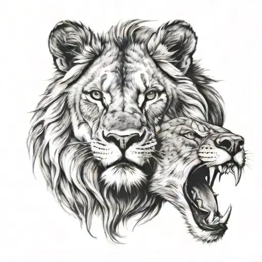 lion eats wolf tattoo design idea