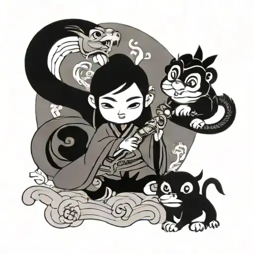 mulan and mushu, a gnome and a monkey and divergent tattoo design idea