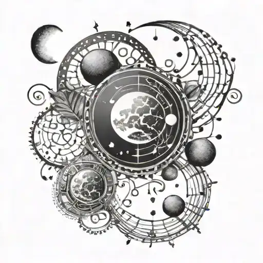 An intricate design of a moon phases intertwined with music notes and symbols tattoo design idea