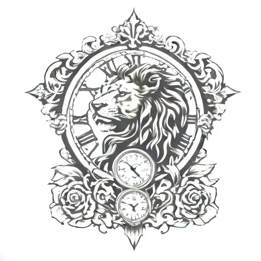 lion. cross. clock face tattoo design idea