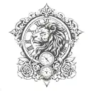 lion. cross. clock face tattoo design idea
