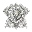 lion. cross. clock face tattoo design idea