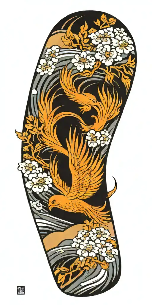 phoenix, cherry blossoms, wind and waves  tattoo design idea