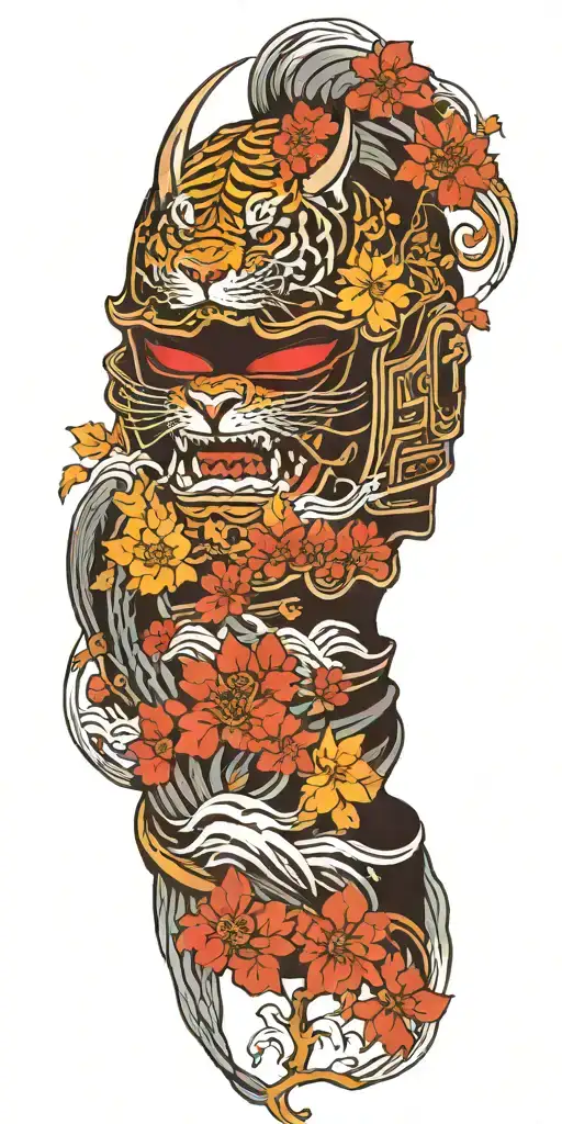 samurai helmet, phoenix, bamboo forest, tiger, waterfall, cherry blossoms, maple leaves, wind and waves  tattoo design idea
