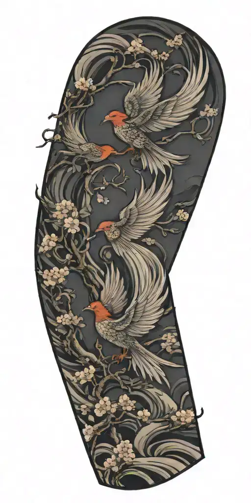 phoenix, cherry blossoms, wind and waves  tattoo design idea