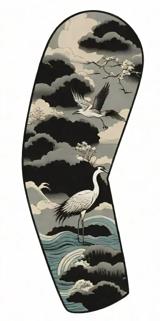crane, lotus, wind, waves, clouds tattoo design idea