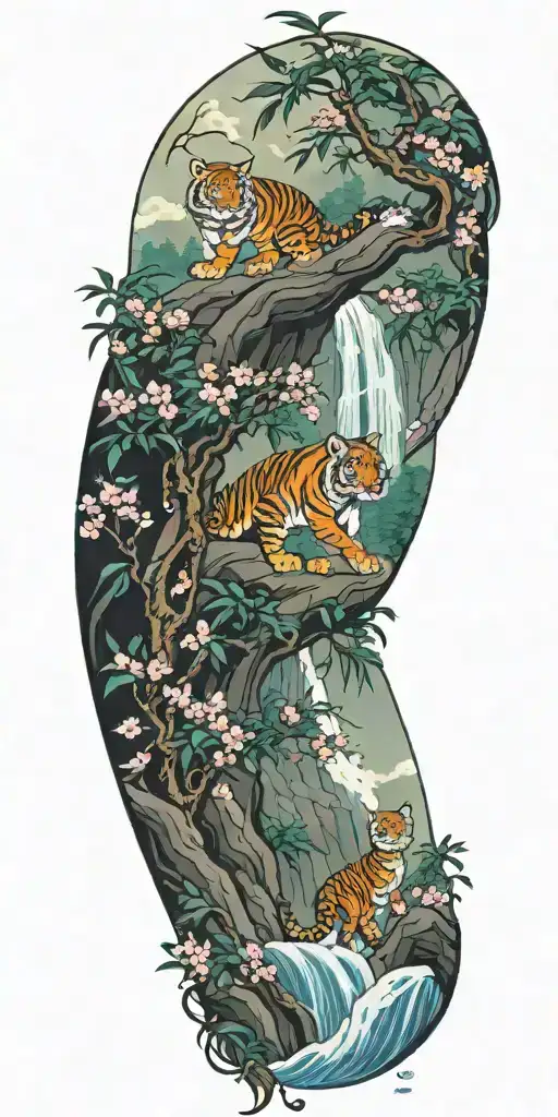 phoenix, bamboo forest, tiger, waterfall, cherry blossoms, wind and waves  tattoo design idea