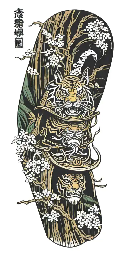 samurai helmet, phoenix, bamboo forest, tiger, waterfall, cherry blossoms, maple leaves, wind and waves  tattoo design idea