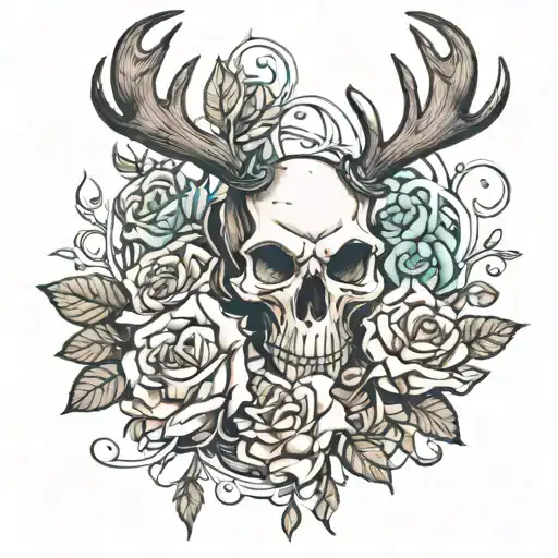 skull and knife roses intertwined moose antlers   tattoo design idea