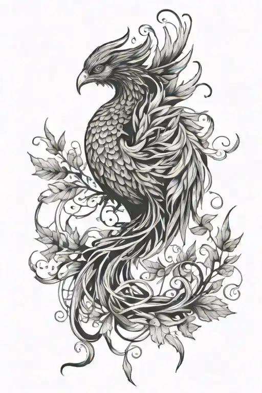 autumn phoenix rising from leaves intertwined tattoo design idea