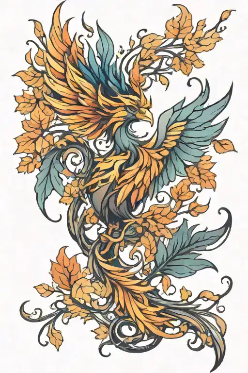 autumn phoenix rising from leaves forming the shape tattoo design idea