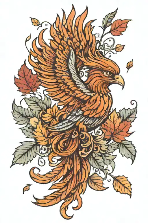 autumn phoenix rising from autmumn leaves  tattoo design idea
