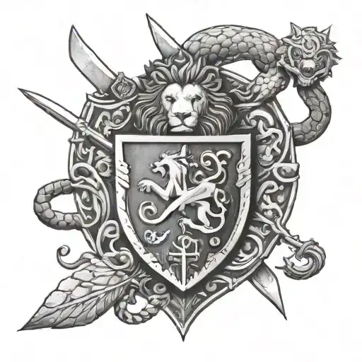 Shield and sword, lion on the shield, snake and apple around tattoo design idea
