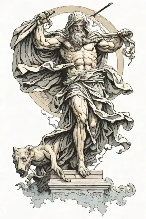 greek mythology theme, full scenery, marble statue, god figure, second figure death and hooded, shining from above tattoo design idea