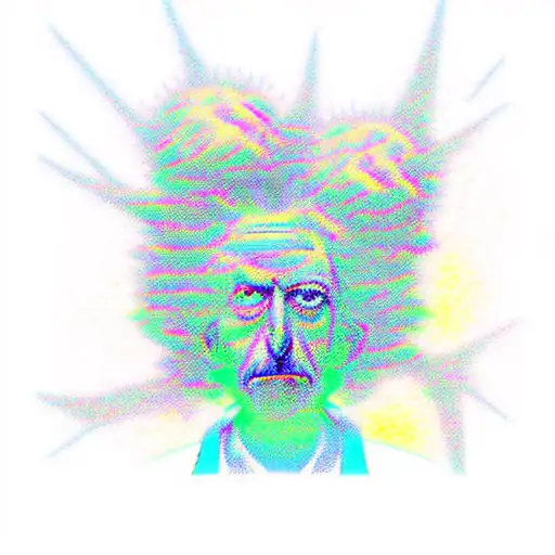 Rick from Rick and Morty meditating and watching upwards with colorful eyes like he used shrooms and make him like he is in the series tattoo design idea